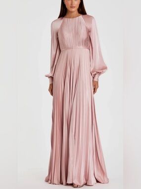 Mac Duggal 26590 Pink Pleated High Neck Raglan Long Sleeve with NO Side Slit